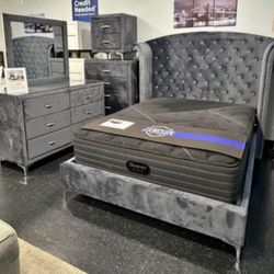 Bedroom Set Gray Bed Set 4 Pcs NEW