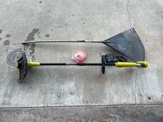 Ryobi string trimmer, charger, extra line, and rake.