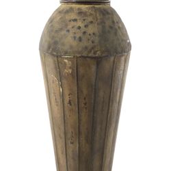  Rustic style metal lidded vase measuring approximately 24in x 10.5in. Rust and tarnishing present to commensurate with age.