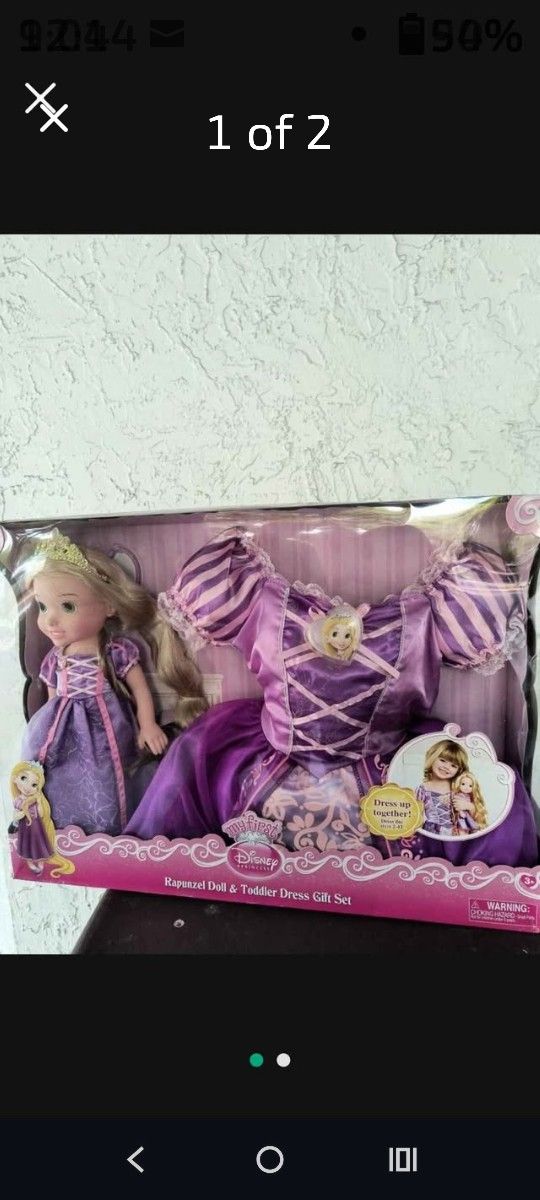 *Disney* Rapunzel doll and toddler dress gift set k new! Fits 2T-4T