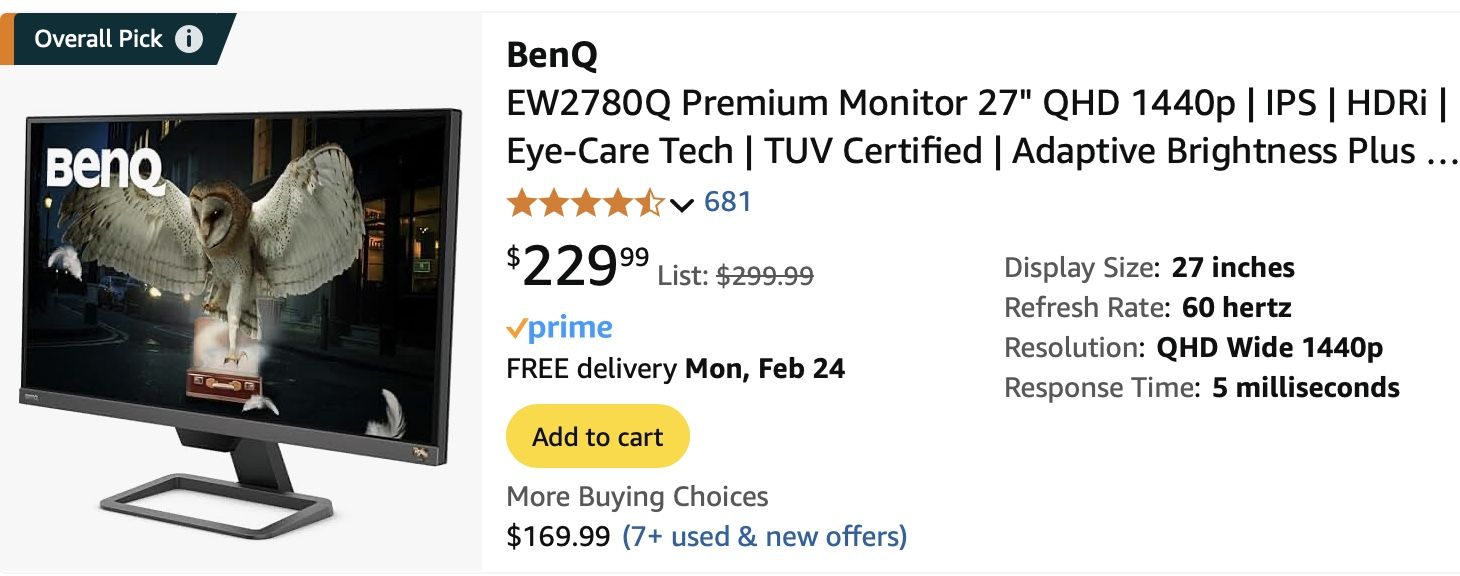 BenQ EW2780Q Premium Monitor 27" QHD 1440p | IPS | HDRi | Eye-Care Tech | TUV Certified | Adaptive Brightness Plus | Tilt Screen | Robust 5w Speakers