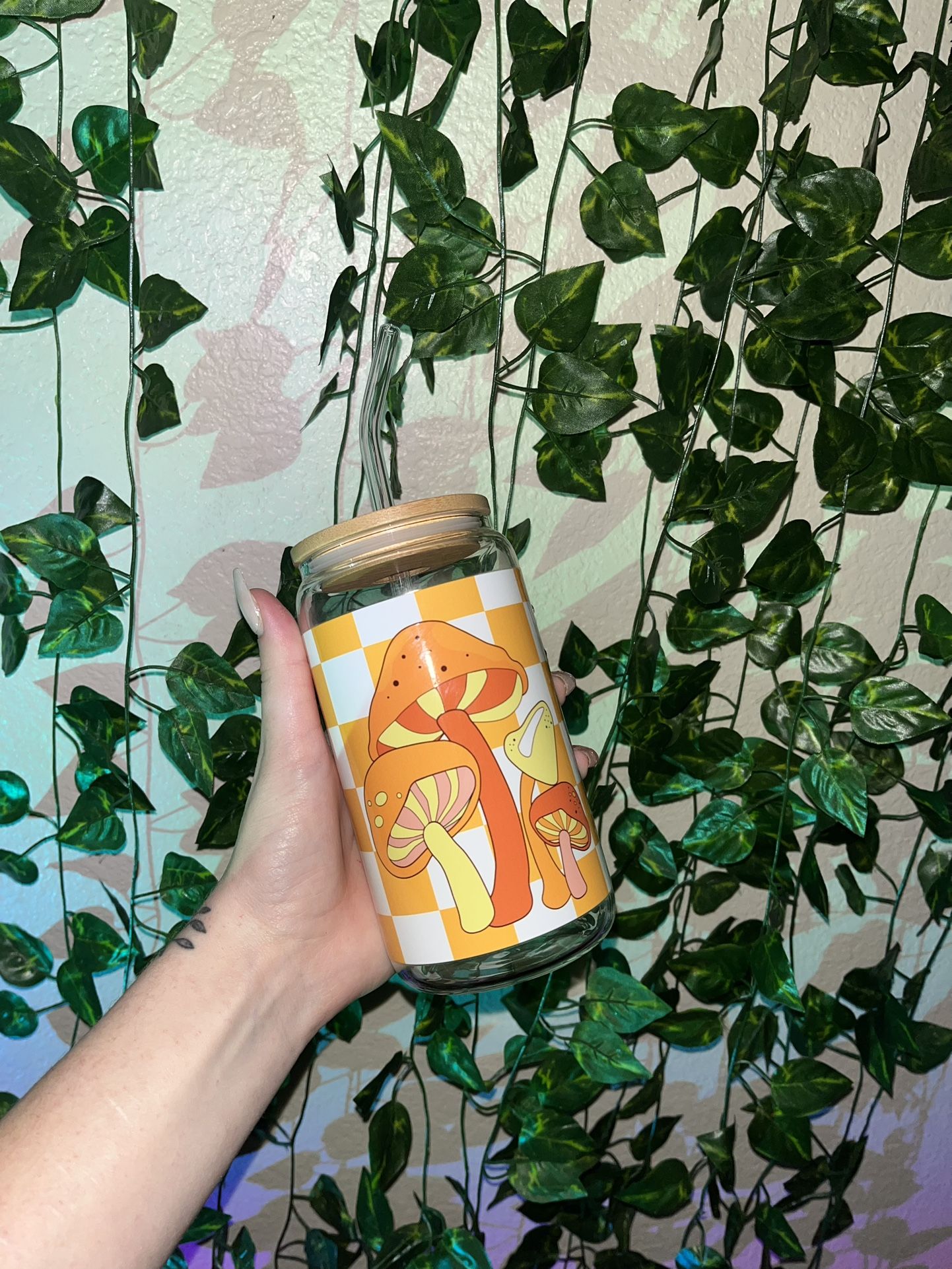 Mushroom Glass Cup 16 oz with Straw, Lid, and Straw Cleaner!