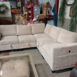Corduroy Off White Sectional With Storage And USB Ports 