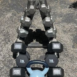 SET OF DUMBBELLS WITH PYRAMID RACK & 20 LB. KETTLEBELL (PAIRS OF) :  5s   8s. 10s. 12s. 15s &  Rubber : 22.5s
