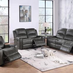 Gray Faux Leather Motion Sofa Set 
