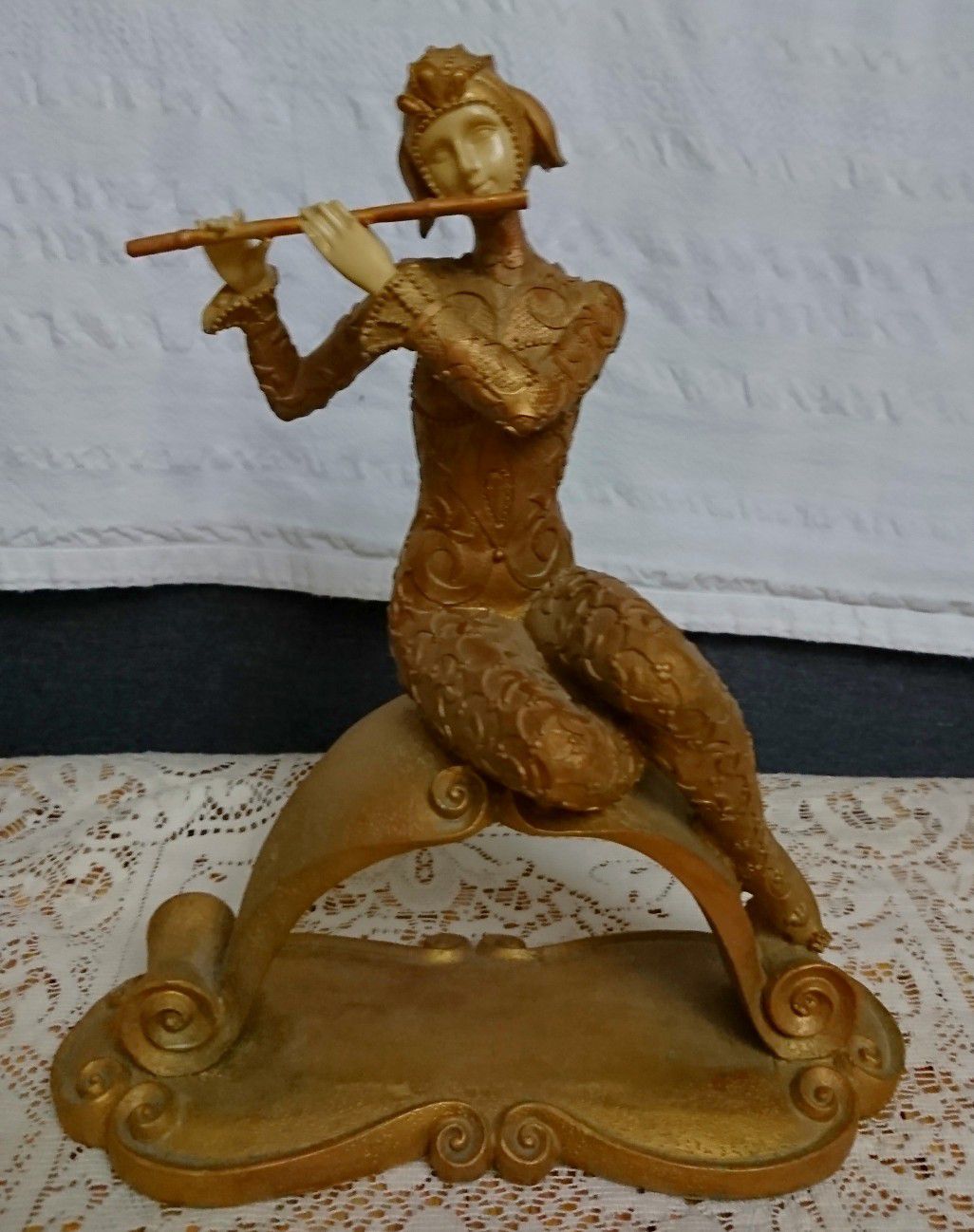 Unique Collectible Gold Lady Playing Flute Statue