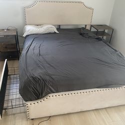 Queen Upholstered Storage Bed + Like-New Mattress + 2 LED Nightstands (Guest Room Set)