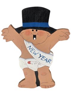 Vintage Hand Painted Wooden New Year Baby Shelf Sitter Holiday Canister Lid