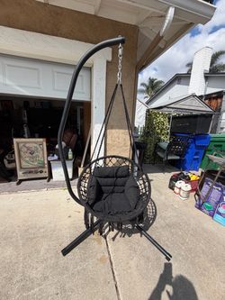 Black Macrame Hanging Swing Chair with Metal C-Stand
