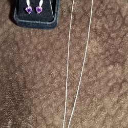 10K WHITE GOLD CHAIN-PENDANT & EARRINGS WITH AMETHYST AND DIAMONDS (GREAT MOTHER'S DAY GIFT)