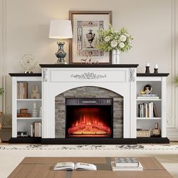 72" Fireplace with Mantel, Fireplace TV Stand for TVs Up to 80 Inches, White Entertainment Center with Silver Carvings ＆ 23" Electric Fire Place Inser