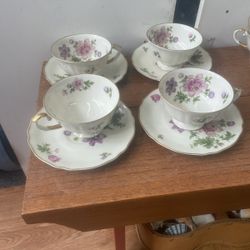 Antique Set Of Teacups And Saucer Set Of Four Floral Flowers 
