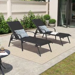 2-Piece Metal Outdoor Chaise Lounge Chair with Adjustabel Backrest and Armrest Textilene Fabric