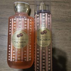 Bath & Body Works Peach Prosecco Macaron Fine Fragrance Mist & Shower Gel *RARE