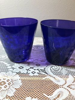 Cobalt Blue Etched Glass Tumblers Set of 2
