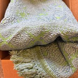 Vintage Sears Oversized King Tapestry-Style Jacquard Coverlet Teal Green Damask Floral Medallion, ~105” x 106”   Vintage Sears oversized king coverlet