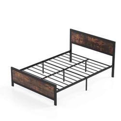 Metal Queen Bed Frame With Headboard & Footboard of Wood