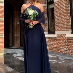Navy Blue, Tie Neck, Off The Shoulder, Morilee Bridesmaid Dress,