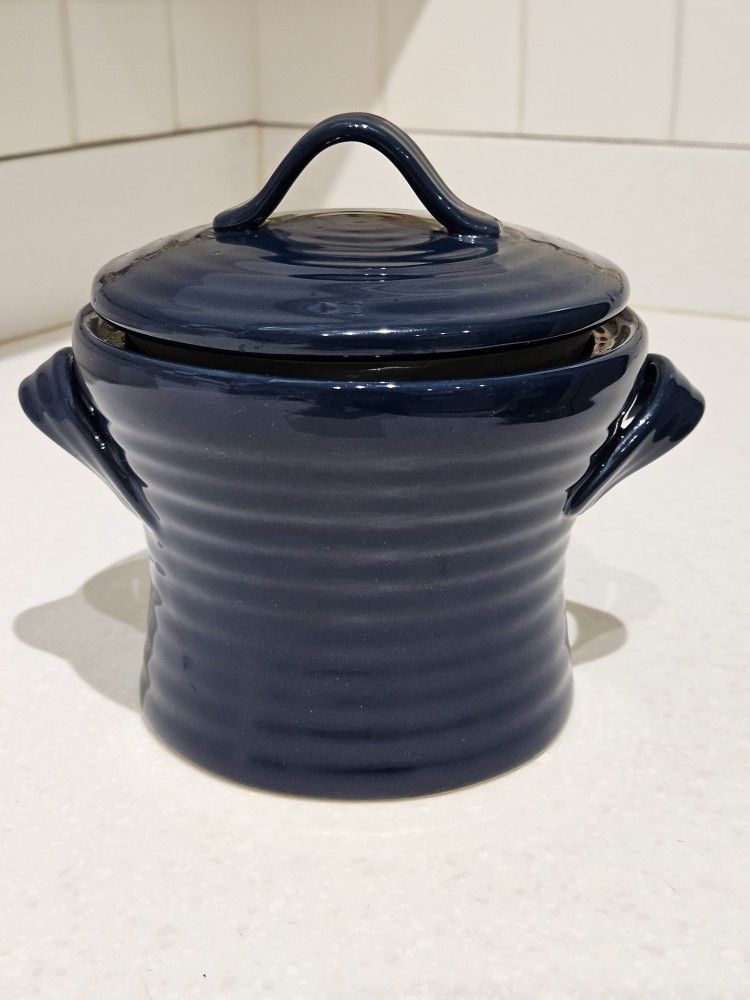 Farmhouse Style Small Navy Blue Ceramic Stoneware Crock With Lid