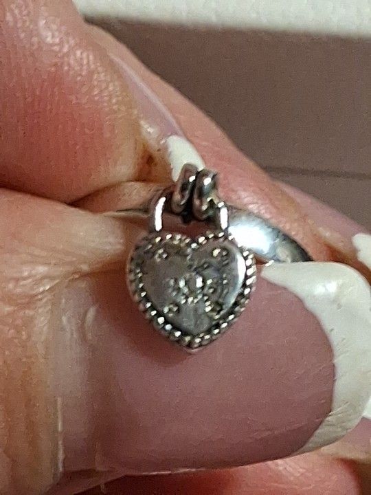 Pandora Authentic Brand New Sterling Silver Heart Shaped 2 Sided Padlock Padlock Ring Size 7