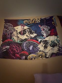 Skull and mushroom tapestry