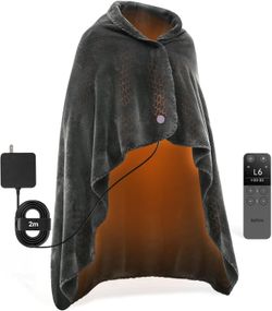 Jartoo Nano Heated Electric Blanket Throw, Portable Washable Heated Shawl, 6 Heat Levels, Grey