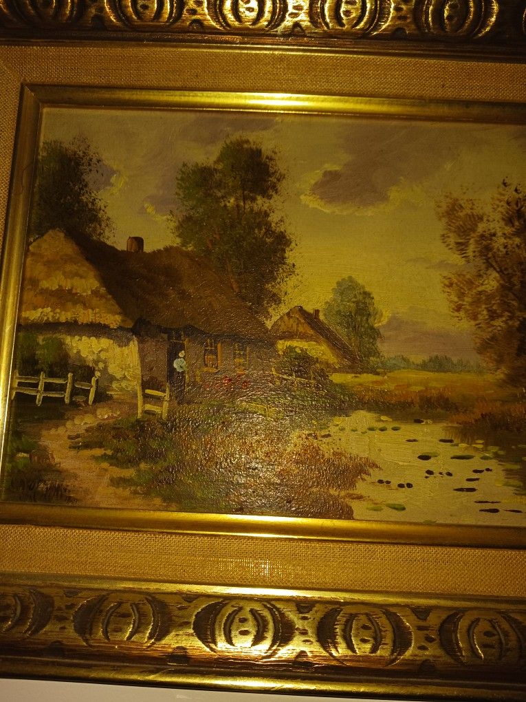 SALE Vintage Framed European Cottage Stream Landscape Oil On Canvas Painting Signed