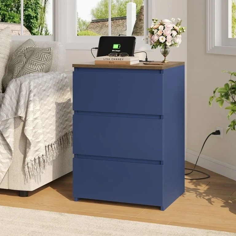 Homfa 3-Drawer Nightstand with Charging Station(Set of 2) โ Blue
