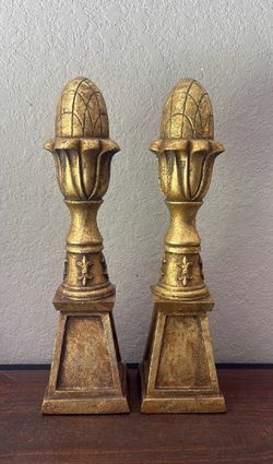 Pair of Gold-Toned Decorative Finials with Fleur-De-Lis Motifs