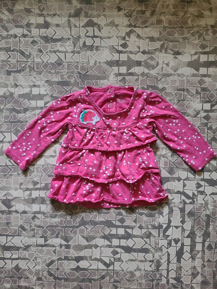 Carter's 12M Girl's Long Sleeve Pink Layered Top with Polka Hearts and Hedgehog