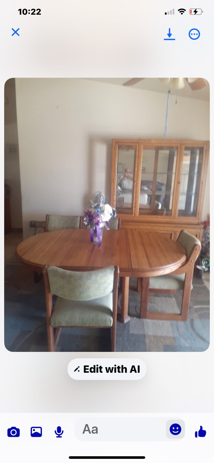 Beautiful Solid Oak Dining Table , 4 Upholstered Chairs And Hutch