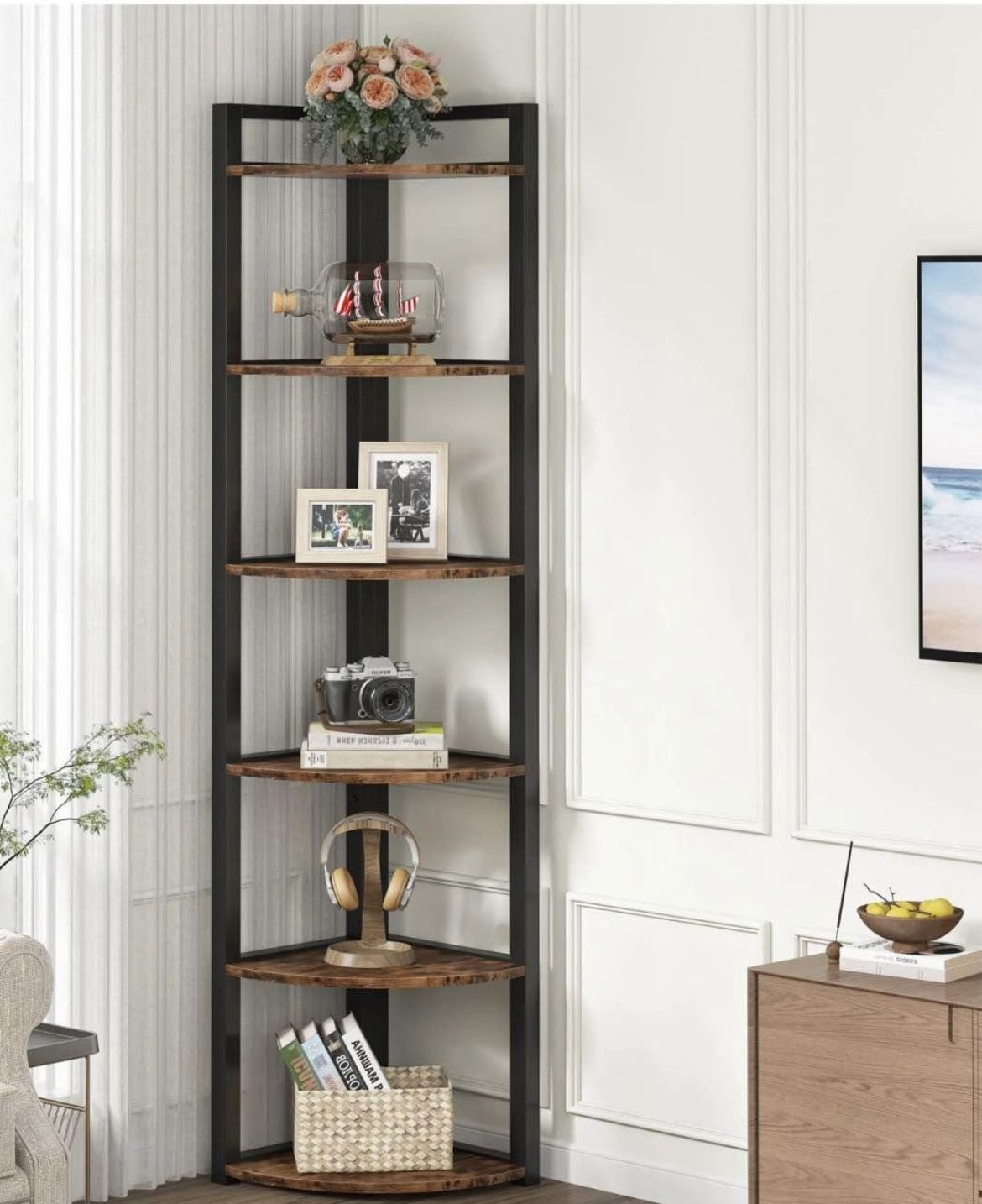C0862 6-Tier Corner Shelf, Small Corner Bookshelf Storage Rack