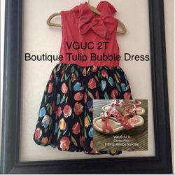 VGUC 2T Boutique Tulip Bubble Dress & Sz 6 Corral Pink Sandals Outfit