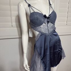 New medium satin gray lace nightgown pjs robe nighty babydoll lingerie set