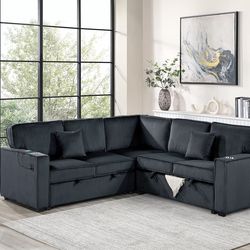 Sectional L Shape Convertible Bed Black Corduroy fabric, New Especial price