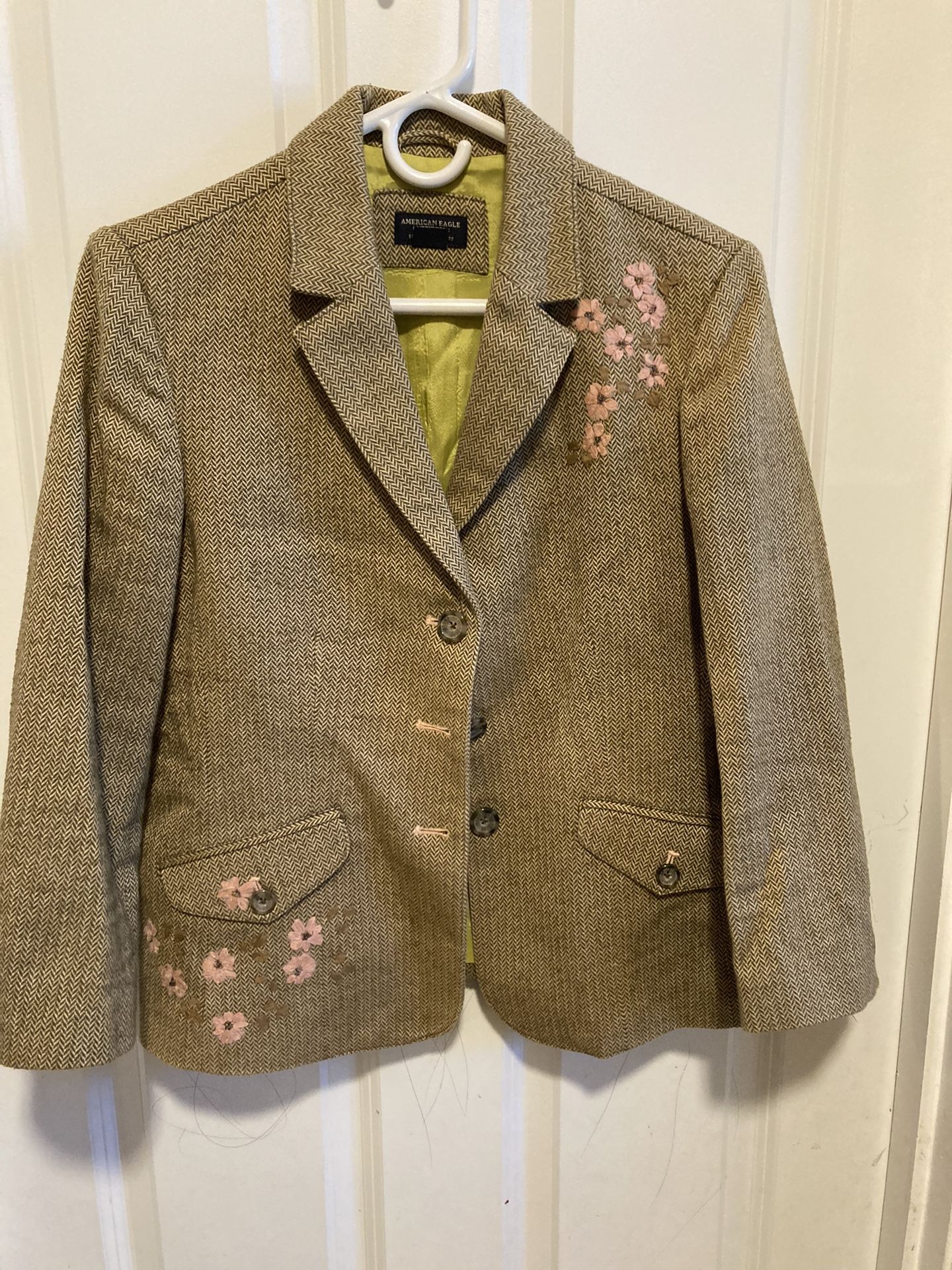American Eagle Olive Herringbone Flower Embroidered Applique Blazer Womens Sz L