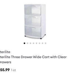 2 Sterilite Three Drawer Wide Cart with Clear Drawers