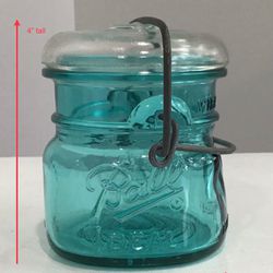 Small Vintage Turquoise Glass Ball Jar with Metal Latch & Clear Glass Lid Made in USA