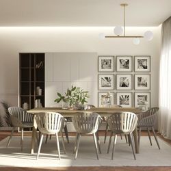 BRAND NEW 9 Piece Indoor Dining Set – Acacia Wood Table + Aluminum White Chairs with Cushions | Delivery Available