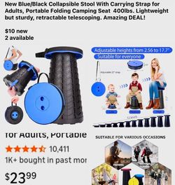 New Blue/Black Collapsible Stool With Carrying Strap for Adults,