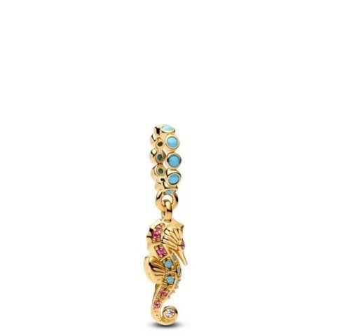 Pandora 14 Karat Yellow Gold Plated Seahorse Dangle Charm Featuring Blue
