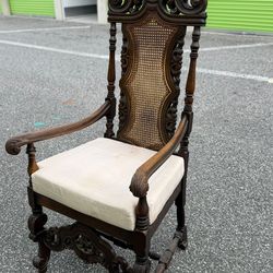 Vintage Victorian Style Carved Wood Throne Chair Cane Back Accent Armchair