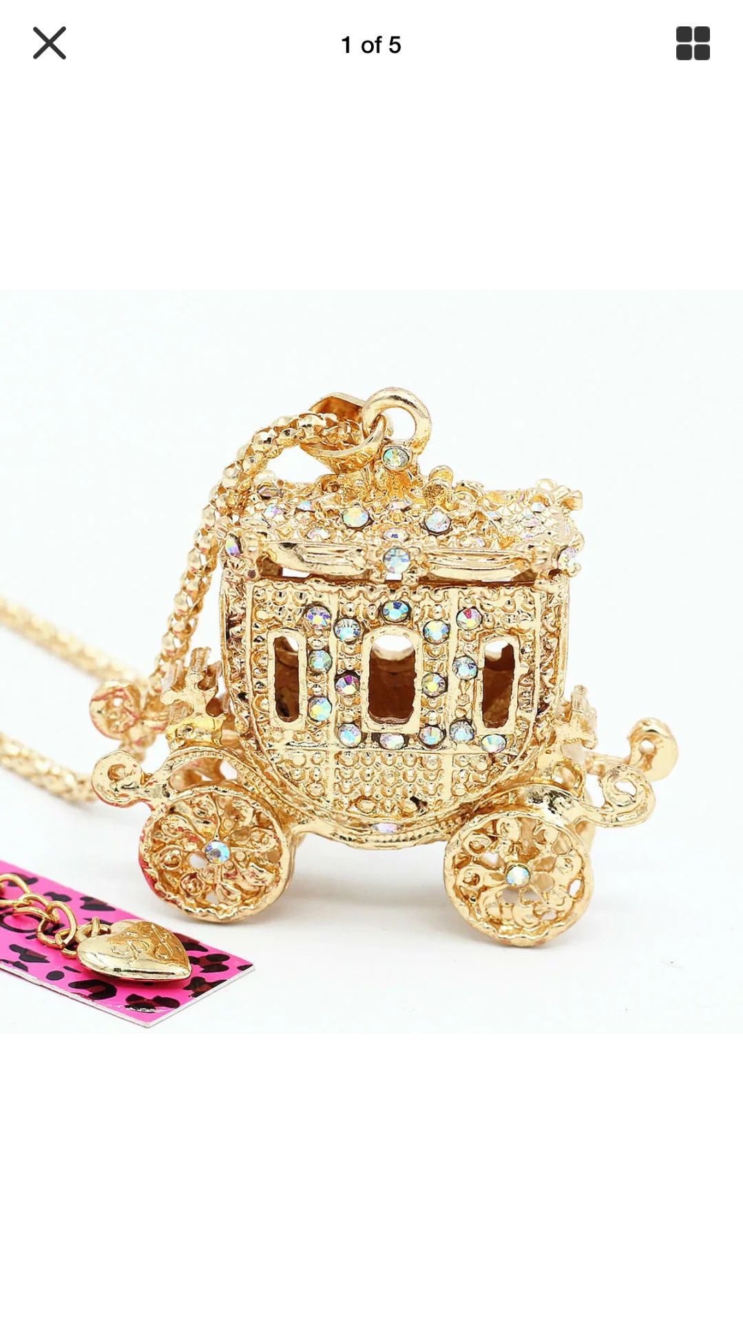 Betsey Johnson gold 3 d fairy tale carriage with rhinestones on4 wheels 3 “ high on gold chain