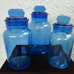 Vintage Blue Glass Lidded Apothecary Canister Jar Set (of 3)