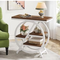 End Table for Living Room, 3-Tier Narrow Side Table with Storage, Wood Sofa Side Table with Geometric Metal JW1109 