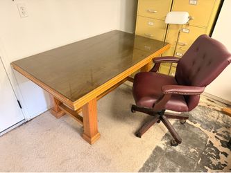 Solid Oak Executive Desk + Leather Chair - $250