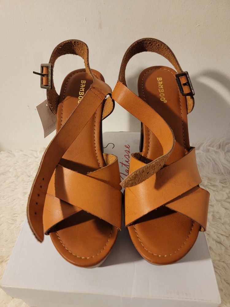 Bamboo Wooden Wedge Strappy Brown Women's Shoe's Size 10