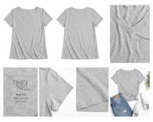 Time and Tru Women’s Medium Gray V-Neck Short Sleeve T-Shirt 100% Cotton