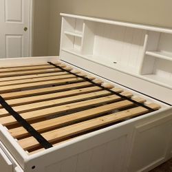 Full Size Storage Bed with Tall Bookcase Headboard & Side Cabinets - White