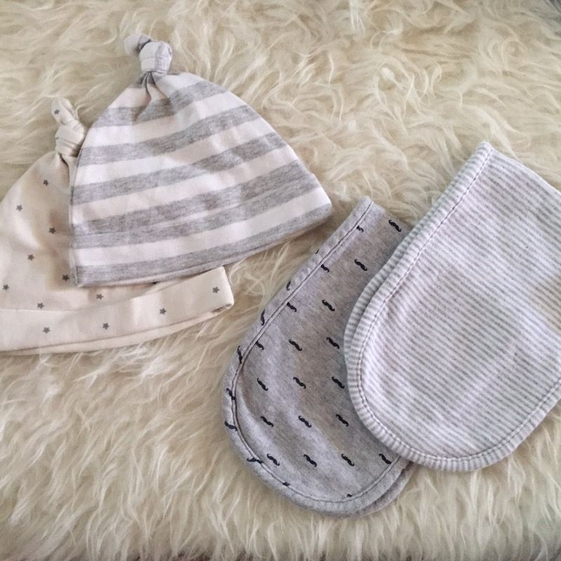 Baby beanie and burp clothes